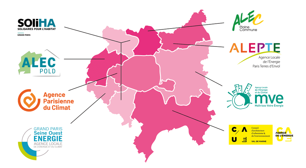 Schéma explicatif des 8 structures utilisant CoachCopro à l'échelle métropolitaine. L'Agence Parisienne du Climat, l'ALEC POLD, Soliha, Le Conseil d'architecture, d'urbanisme et de l'environnement (CAUE), l'ALEC Plaine Commune, l'ALEPTE (Agence Locale de l'Énergie Paris Terres d'Envol), l'AGENCE Locale de l'Énergie et du Climat MVE (maîtrisez votre énergie), schéma explicatif.