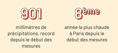 - 901 millimètres de précipitations, record depuis le début des mesures - 8ᵉ année la plus chaude à Paris depuis le début des mesures